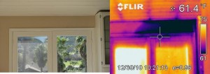 Before and after image of a leak above a French door.