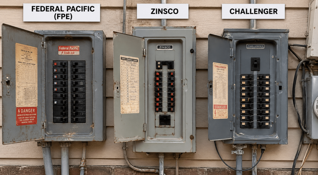Three vintage electrical panels labeled Federal Pacific (FPE), Zinsco, and Challenger mounted on a wooden wall.