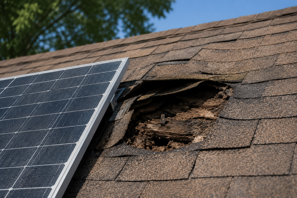 Solar panel mounted on a brown shingle roof beside a large damaged hole exposing rotted wood.